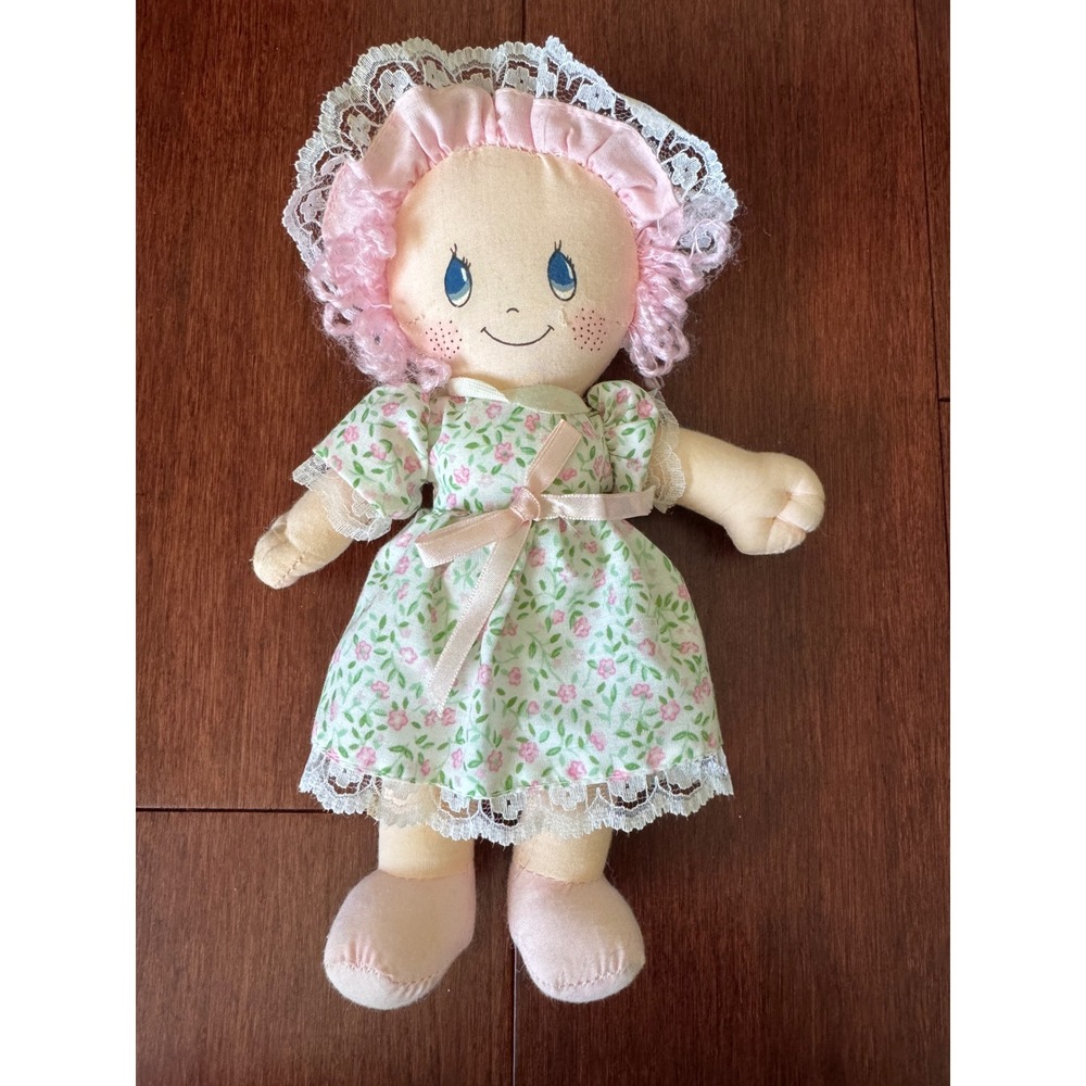 Vintage Kids of America Corp Rag Doll Floral Dress Pink Hair 9 Inch Plush